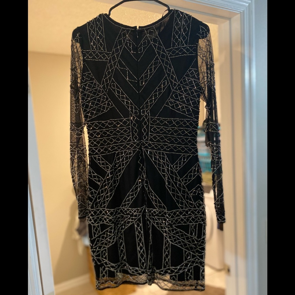 Size S cocktail dress with sheer sleeves and beading